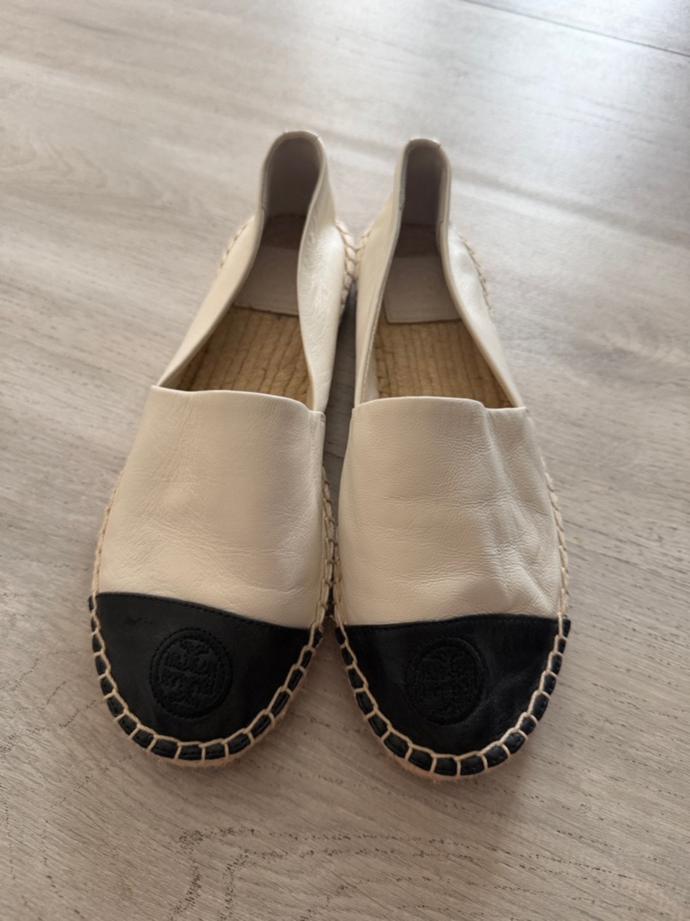 Tory Burch Two-Tone Leather Espadrilles in Cream and Black